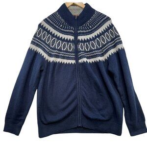 St. Johns Bay Mens Outdoor Fair Isle Full Zip Cardigan Sweater L Navy & White